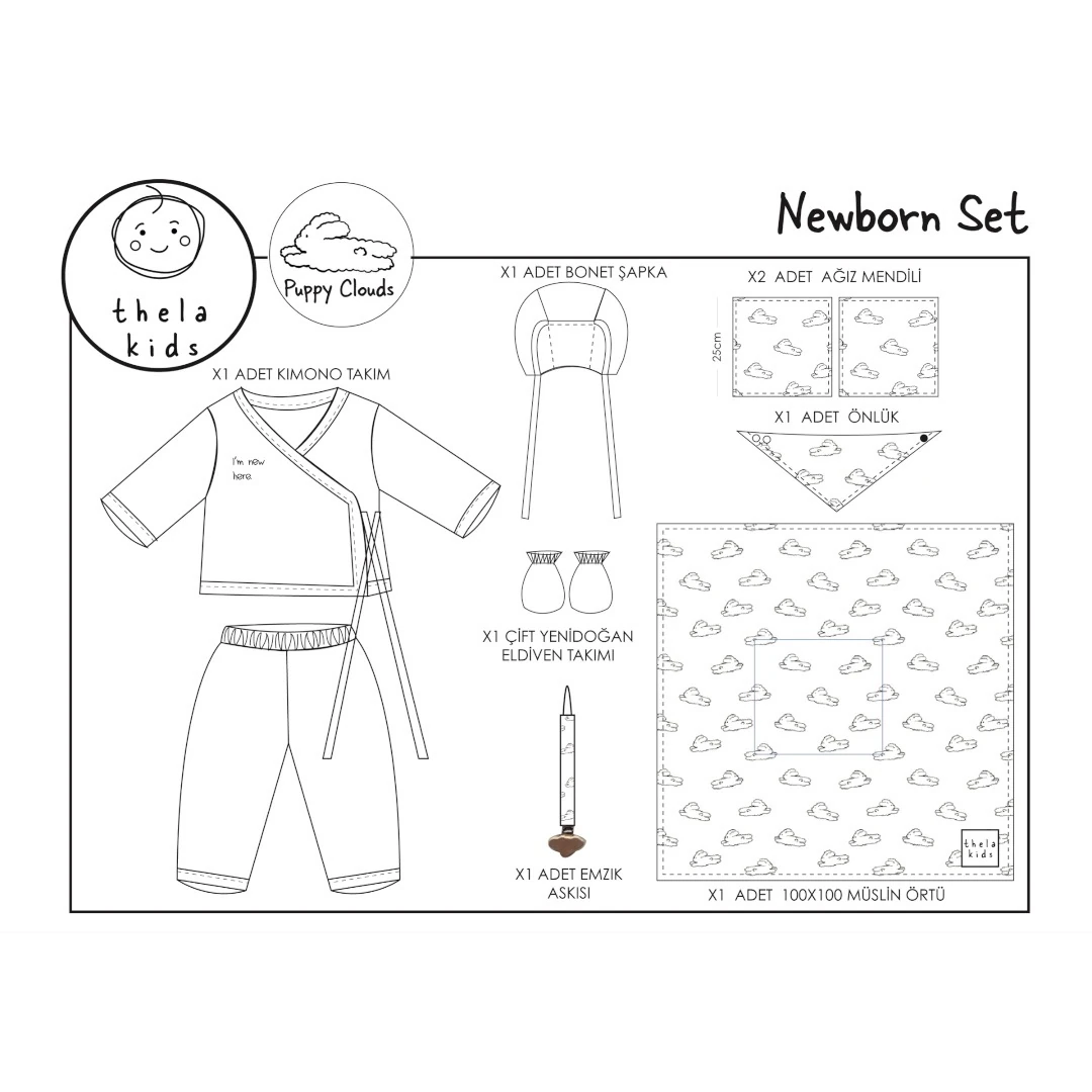 Puppy Clouds Print Müslin Newborn Set – 7 Parça