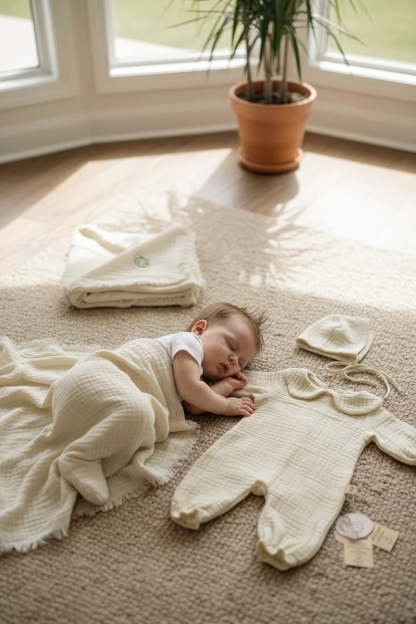 4 Kat Müslin Kumaş Bebe Yaka Detaylı  Yeni Doğan Tulum Bonet Şapka & Battaniye Seti