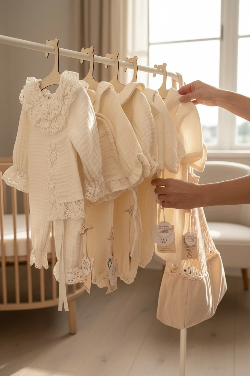 Güpür Volan Detaylı 4 Kat Müslin Yenidoğan Seti ( Tulum&Bonet Şapka&Çift taraflı Battaniye)