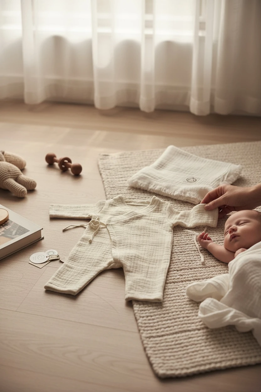 4 Kat Müslin Kumaş Kruvaze Yaka Yan Bağlamalı Yenidoğan Seti ( Tulum&bonet şapka&Battaniye)