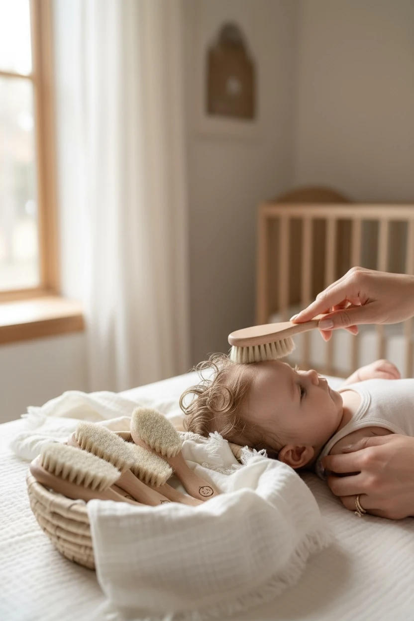 Doğal Keçi Kılı Ahşap Bebek Fırçası ve Pamuk Bebek Banyo Kesesi 2li Set