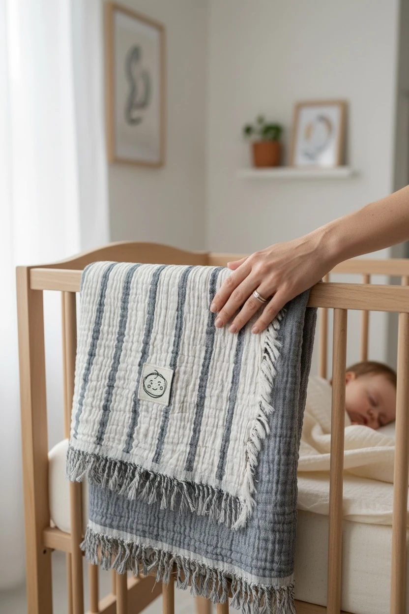 4 Kat Dokuma Çift Taraflı Müslin Battaniye  - İndigo