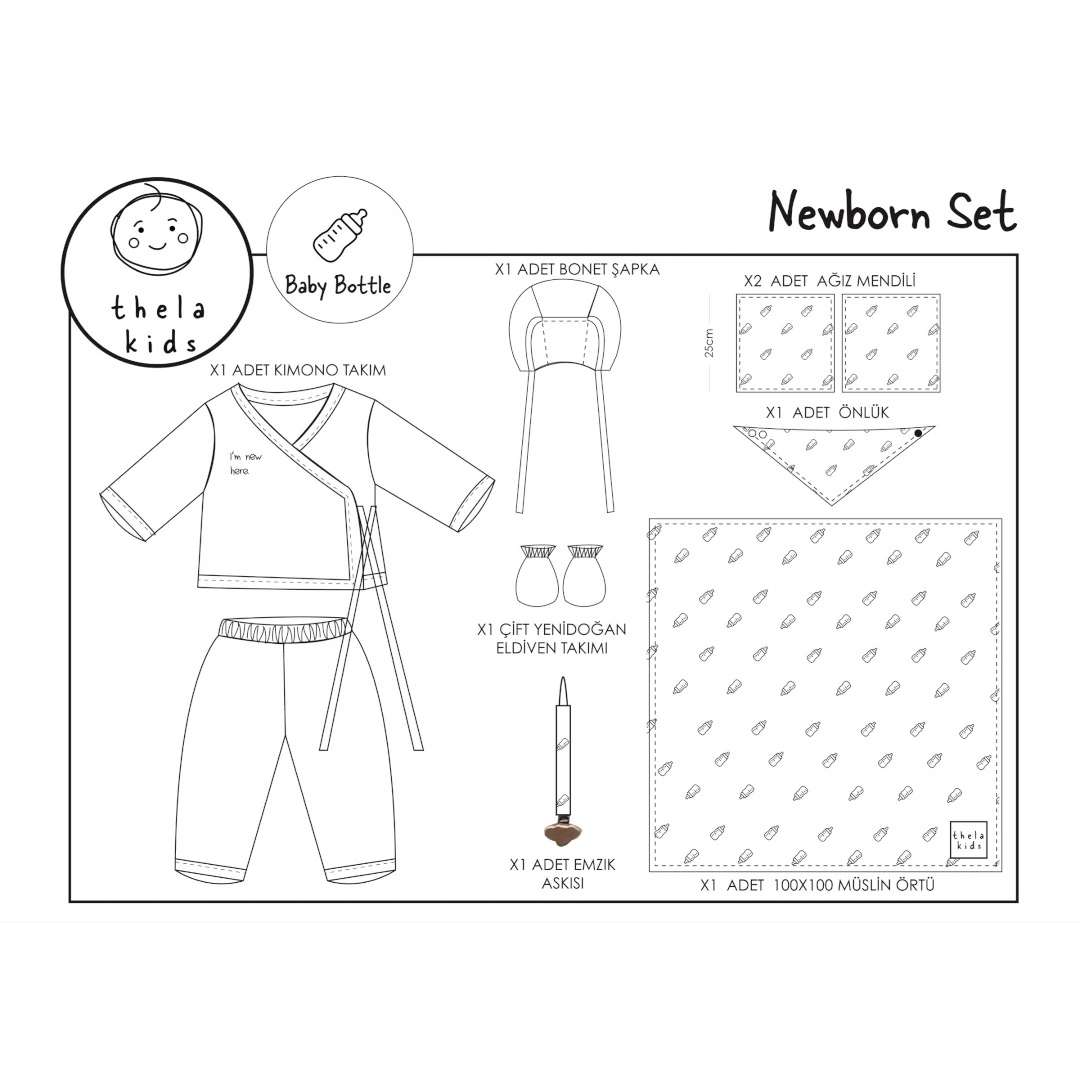 Baby Bottle Print Müslin Newborn Set – 7 Parça 