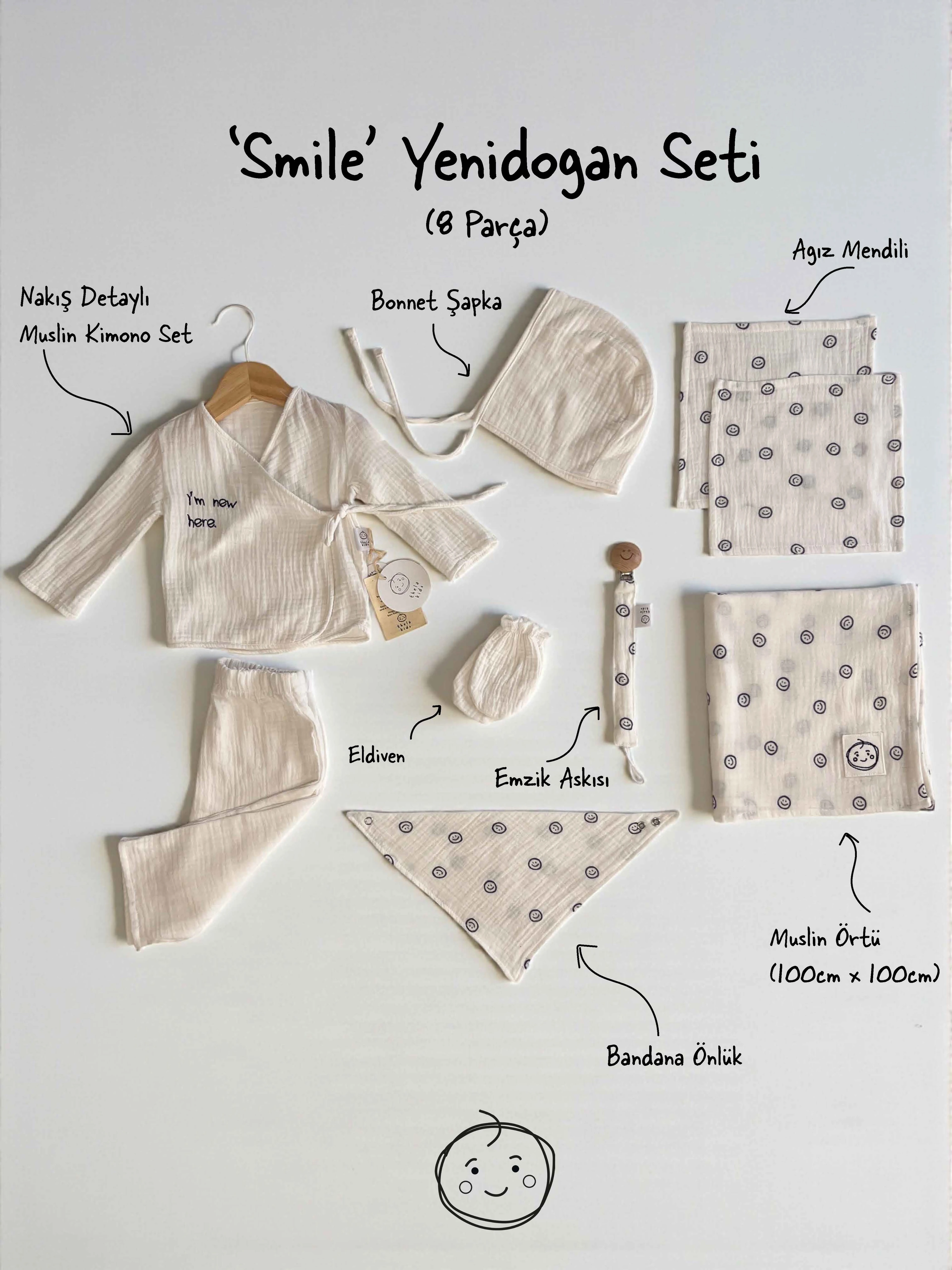 Smile Print Müslin Newborn Set – 7 Parça - Smile Print Muslin Newborn Set – 7 Pieces