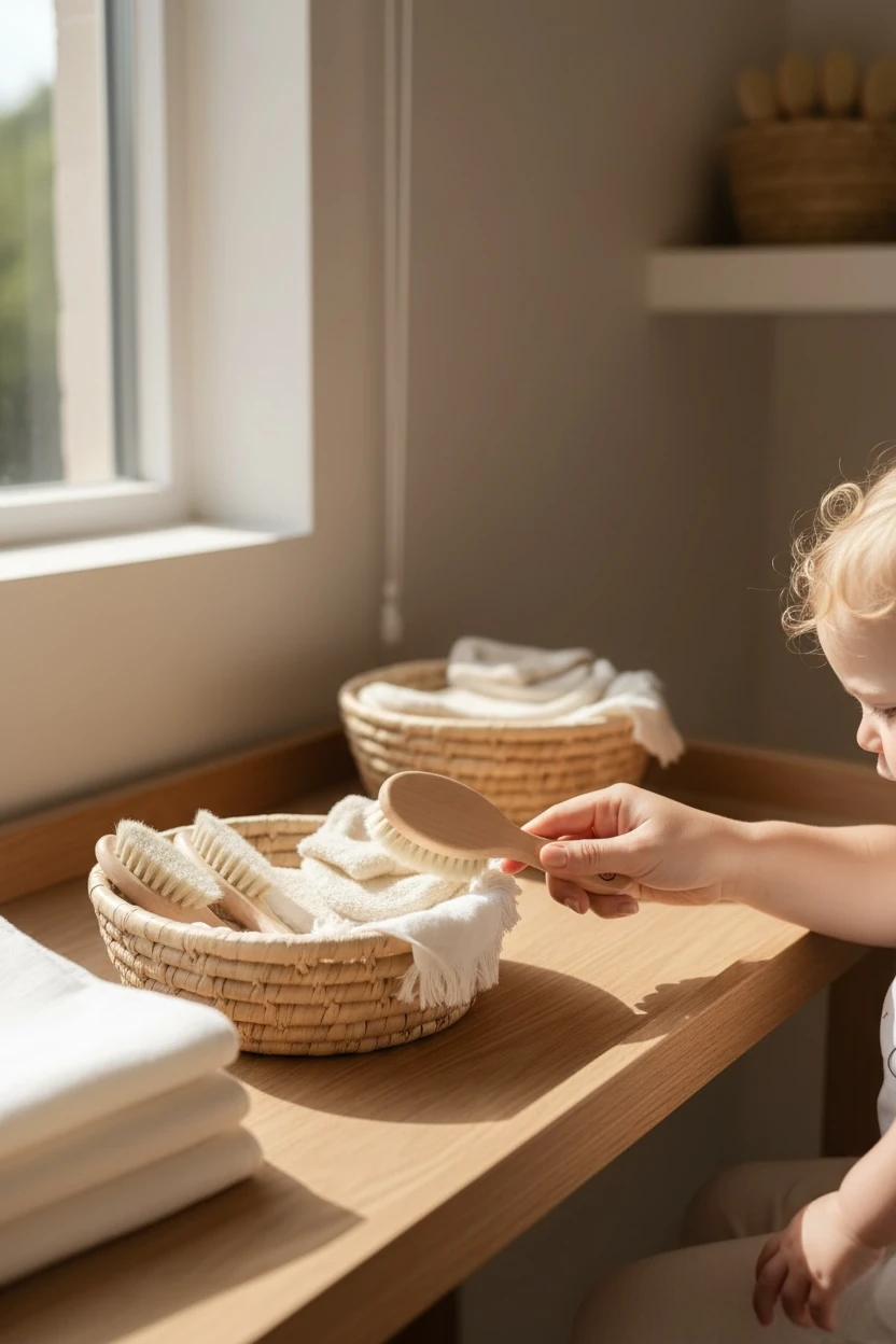 Doğal Keçi Kılı Ahşap Bebek Fırçası ve Pamuk Bebek Banyo Kesesi 2li Set