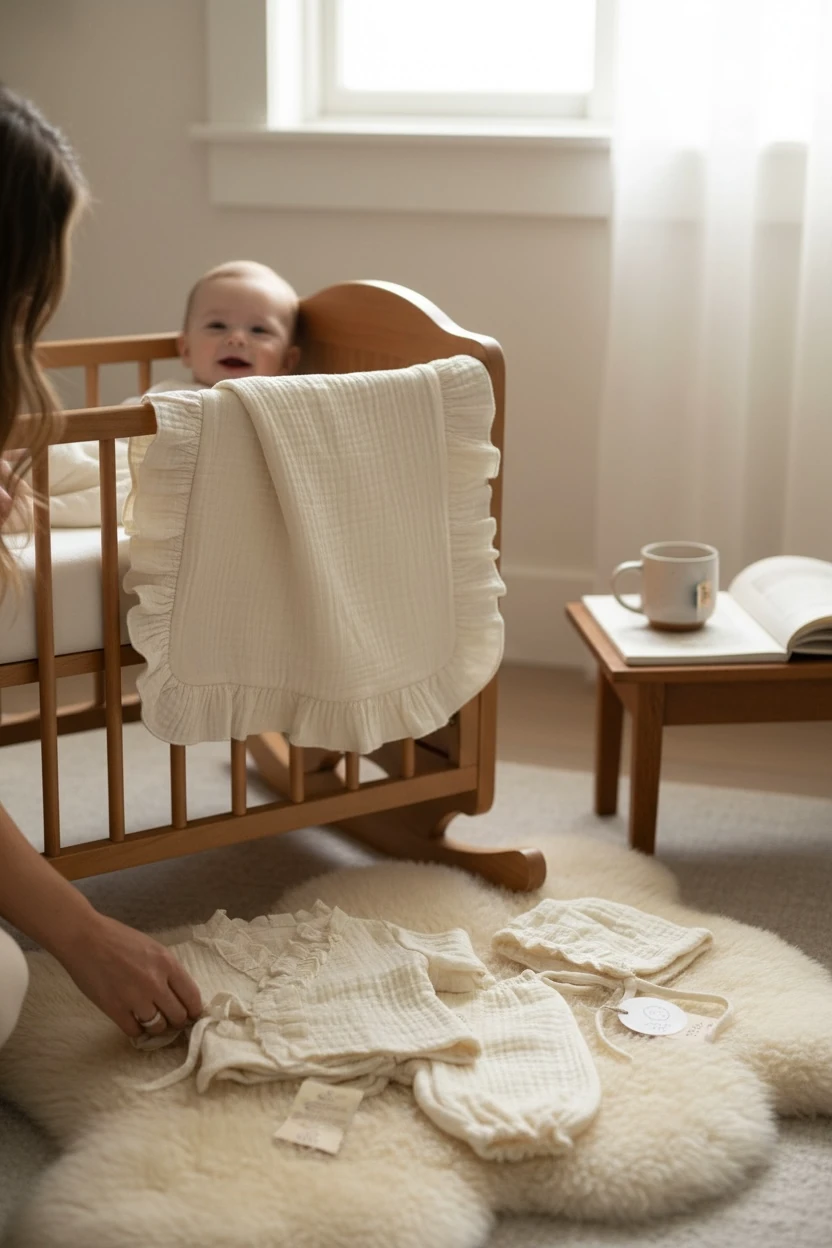 4 Kat Müslin Fırfır Detaylı Yenidoğan Seti ( Kimono & Pantolon & Bonnet Şapka & Kılıf)