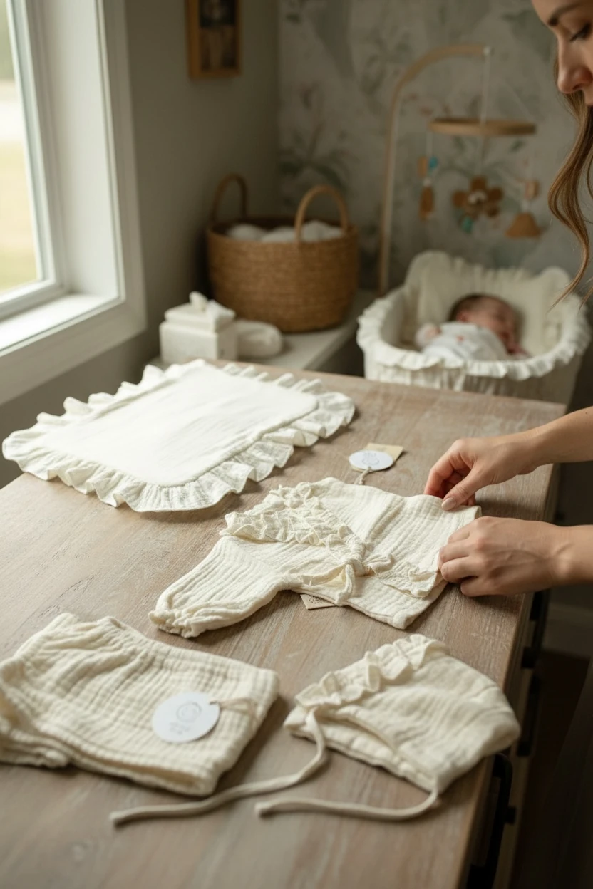 4 Kat Müslin Fırfır Detaylı Yenidoğan Seti ( Kimono & Pantolon & Bonnet Şapka & Kılıf)