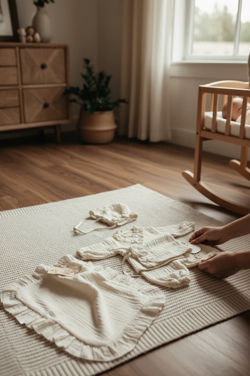 4 Kat Müslin Fırfır Detaylı Yenidoğan Seti ( Kimono & Pantolon & Bonnet Şapka & Kılıf)