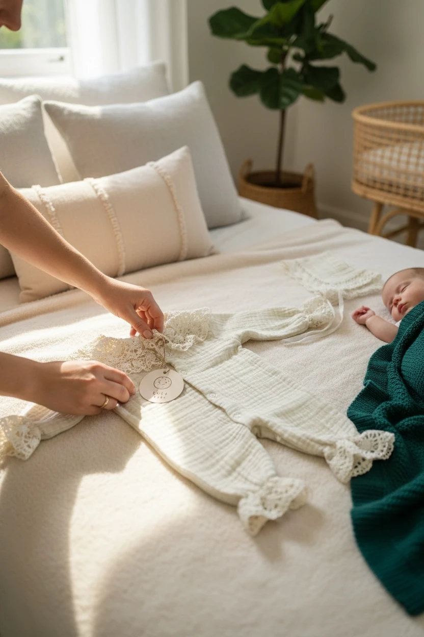 Güpür Volan Detaylı 4 Kat Müslin Yenidoğan Seti ( Tulum&Bonet Şapka&Çift taraflı Battaniye)