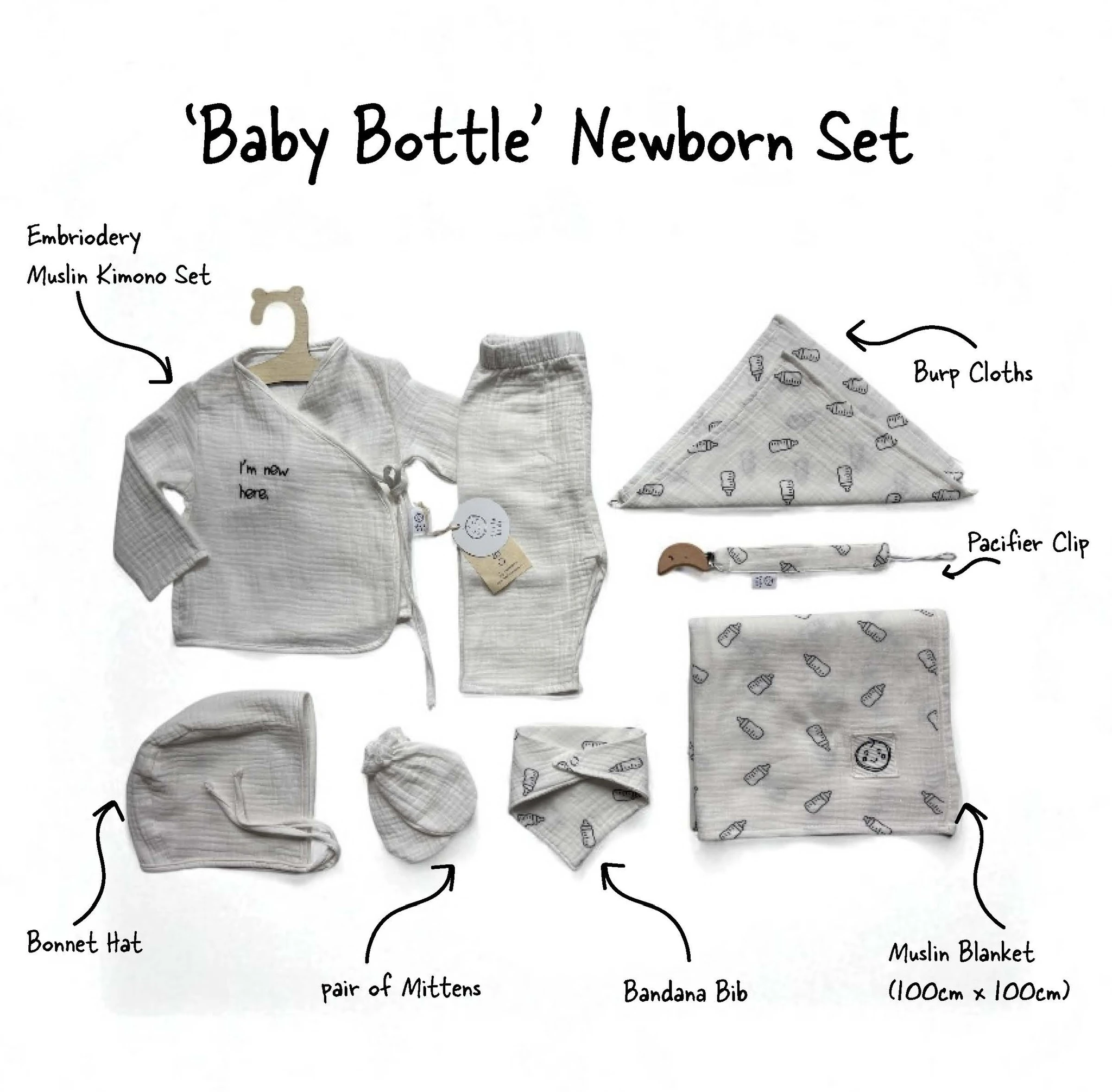 Baby Bottle Print Müslin Newborn Set – 7 Parça 