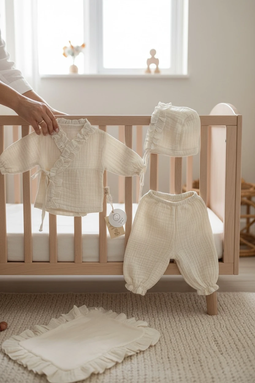 4 Kat Müslin Fırfır Detaylı Yenidoğan Seti ( Kimono & Pantolon & Bonnet Şapka & Kılıf)