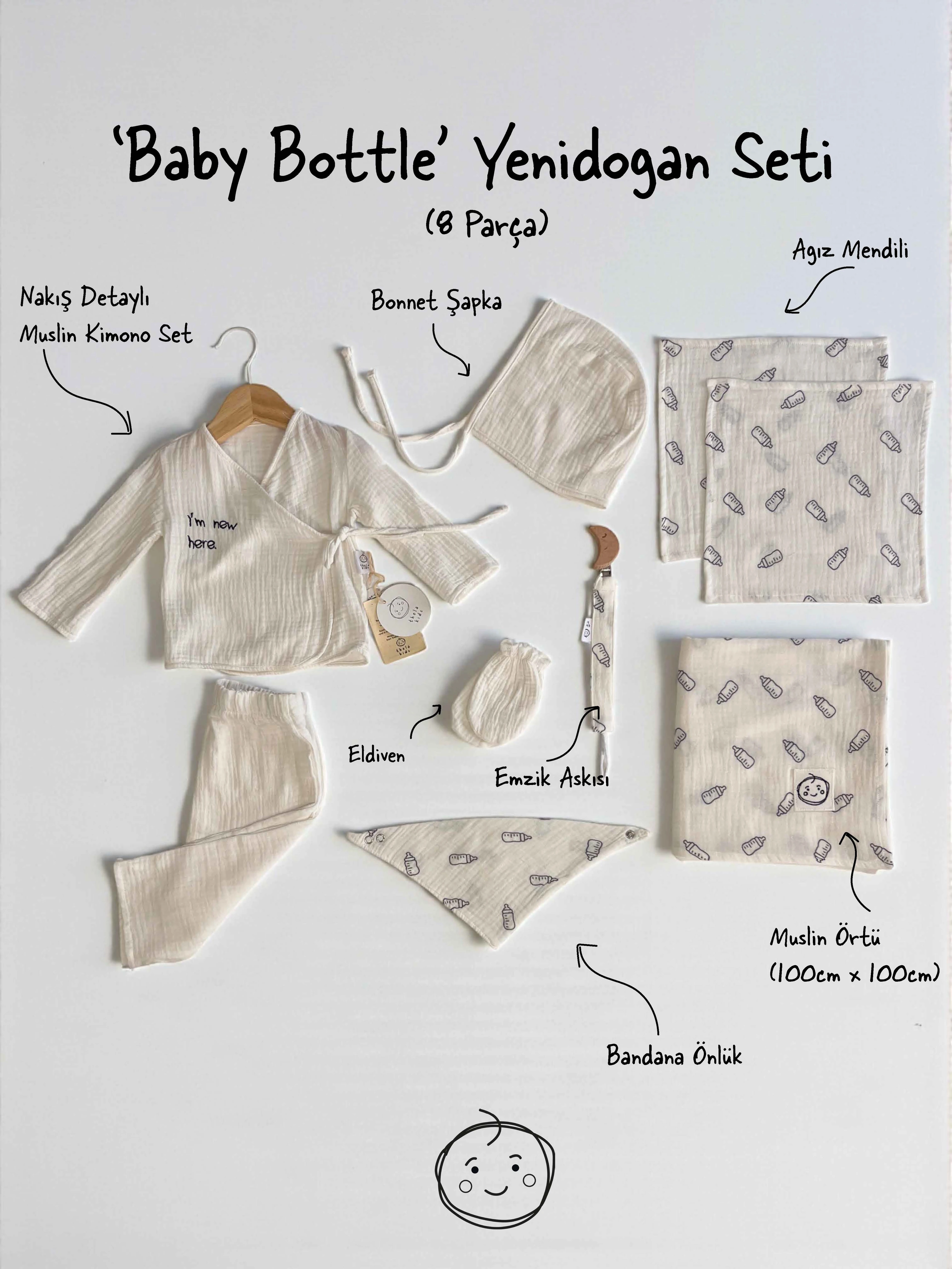 Baby Bottle Print Müslin Newborn Set – 7 Parça 