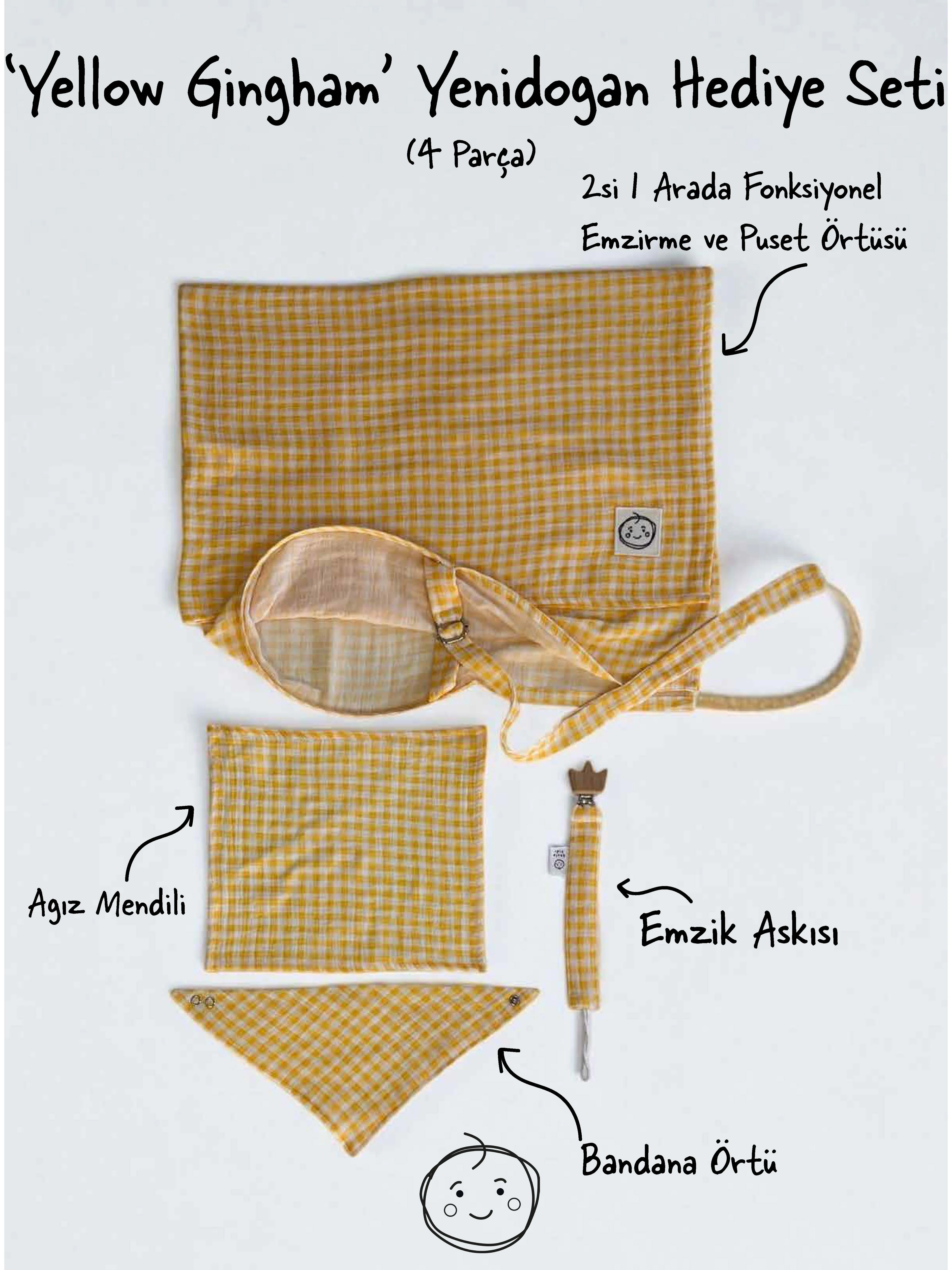 Gingham Sarı Müslin 4’lü Bebek Seti 