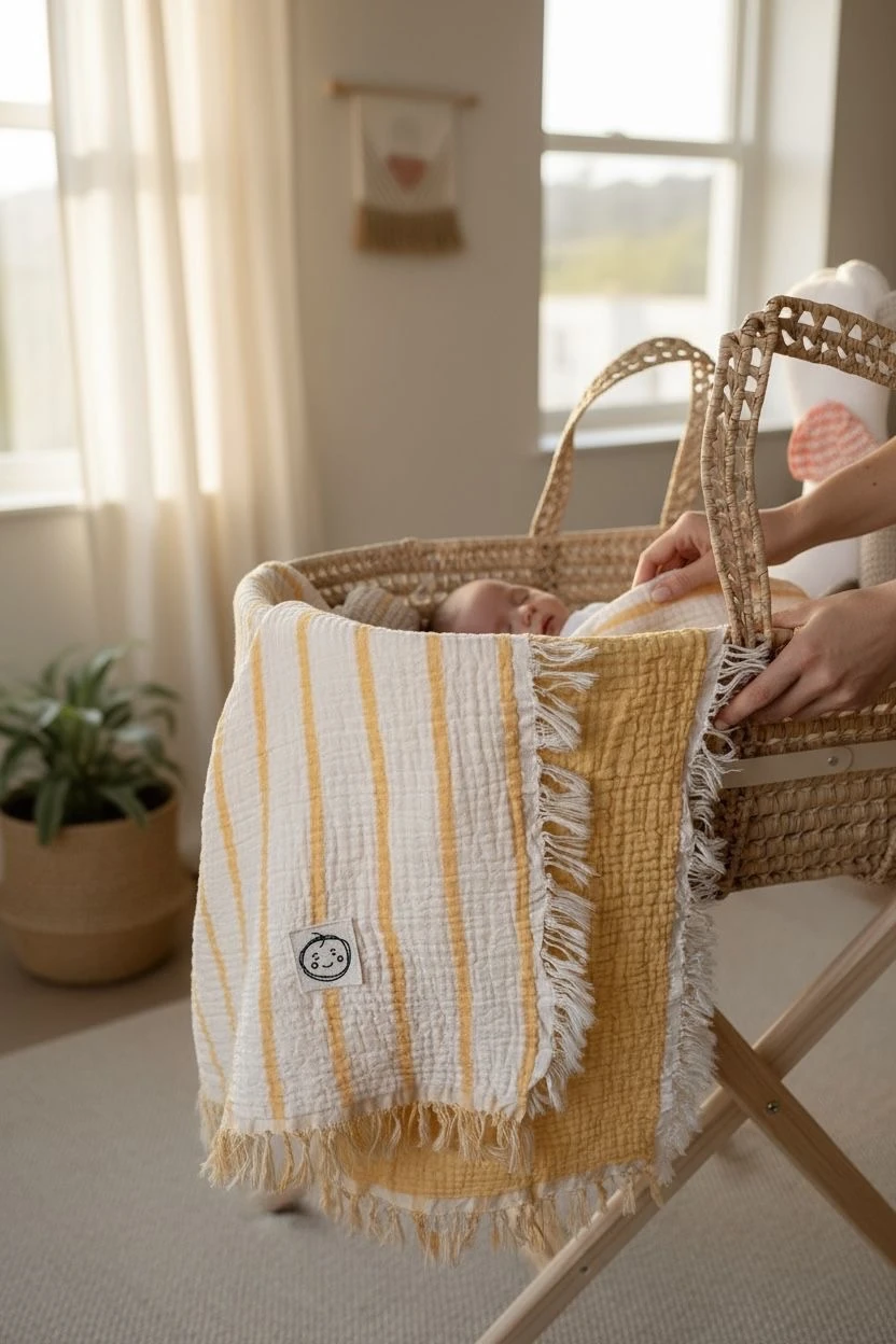 4 Kat Dokuma Çift Taraflı Müslin Battaniye  - Sarı