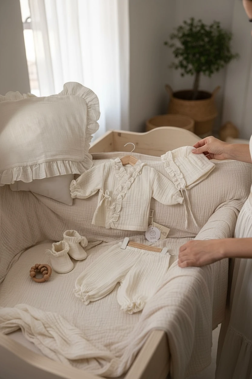 4 Kat Müslin Fırfır Detaylı Yenidoğan Seti ( Kimono & Pantolon & Bonnet Şapka & Kılıf)