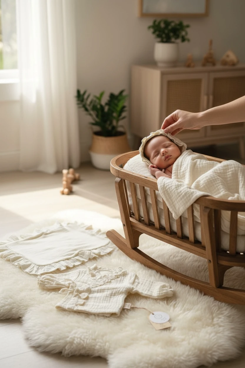 4 Kat Müslin Fırfır Detaylı Yenidoğan Seti ( Kimono & Pantolon & Bonnet Şapka & Kılıf)