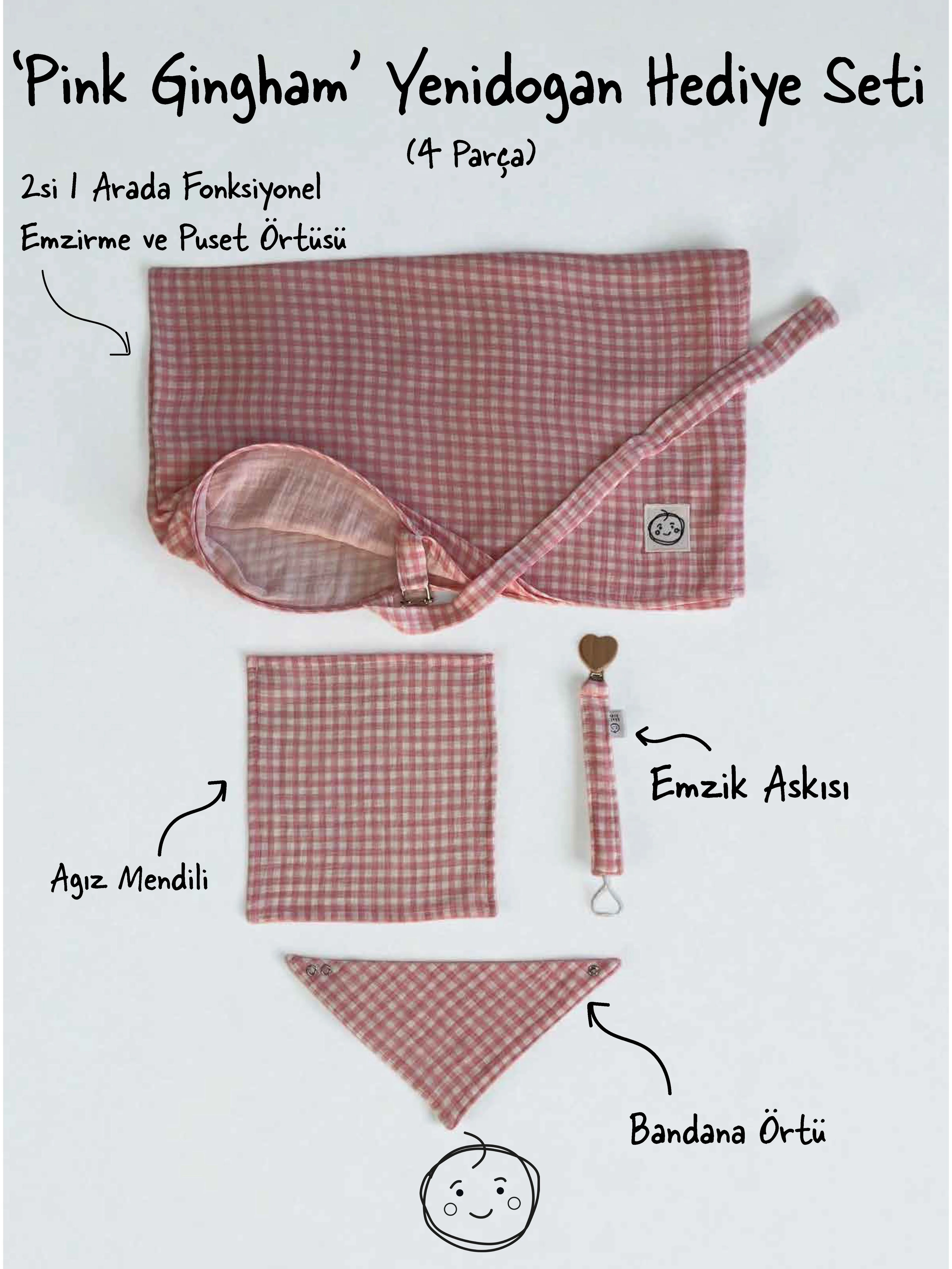 Gingham Pembe Müslin 4’lü Bebek Seti 