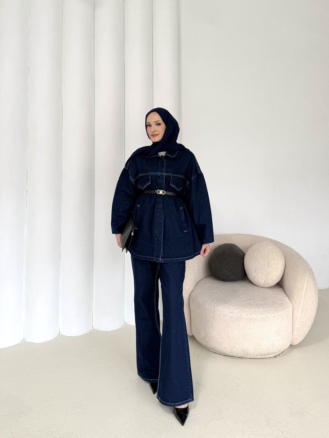 Kuşaklı Denim Takım 3-597