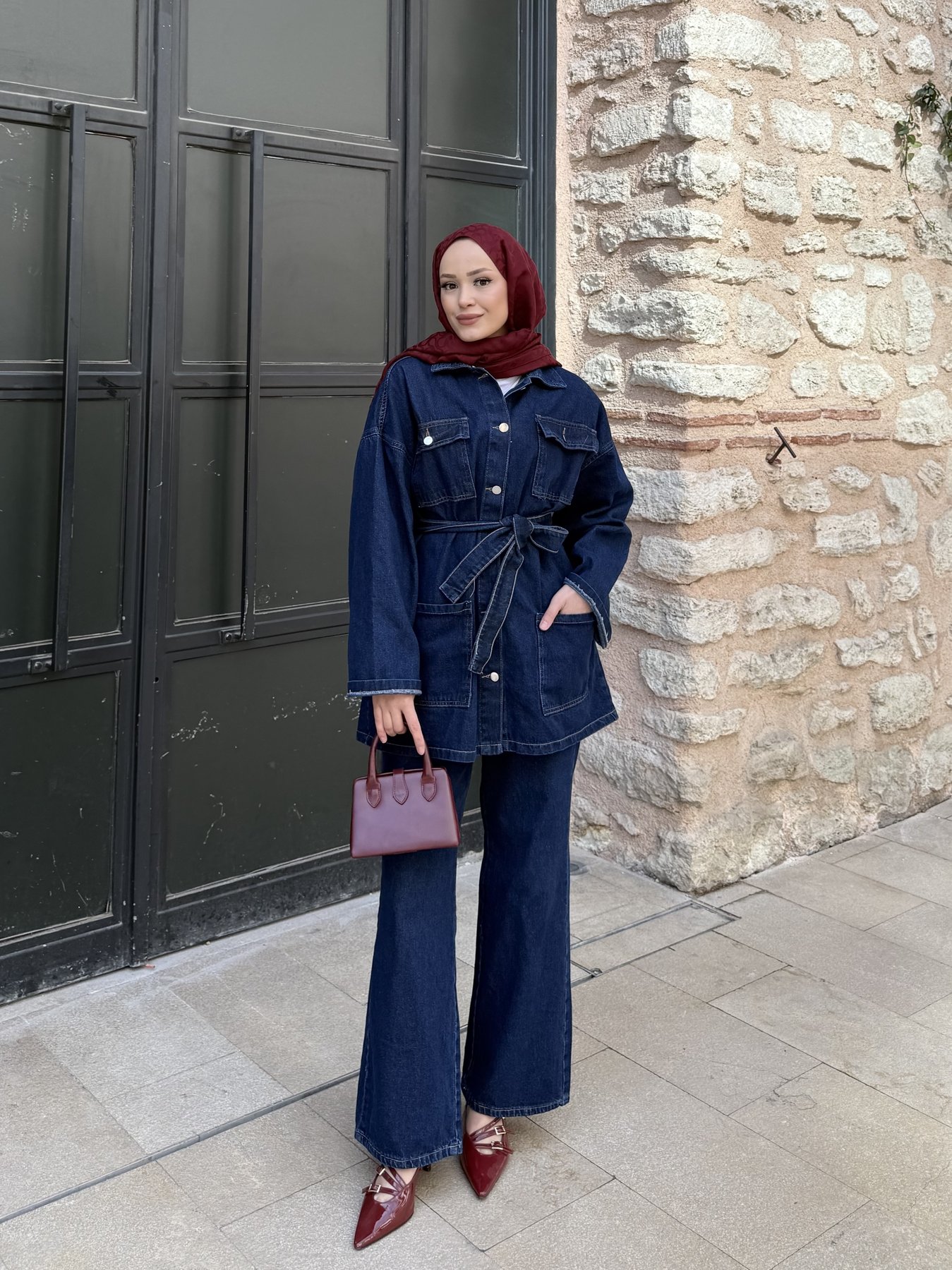 Kuşaklı Cepli Denim Takım 3-584
