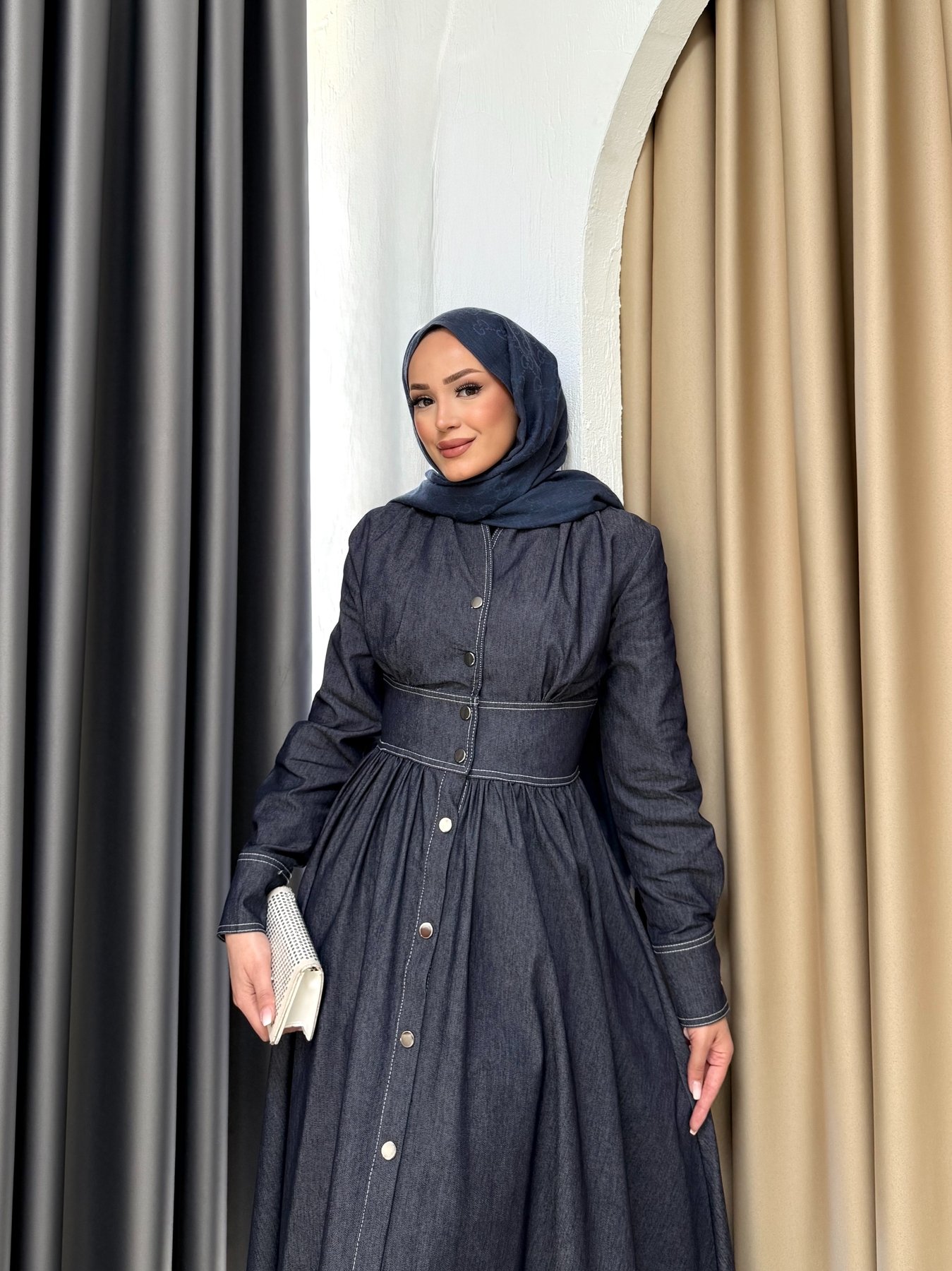 Çıtçıtlı Denim Elbise 3-3095