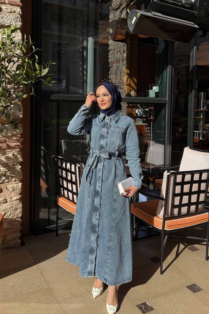 Kuşaklı Kot Elbise 3-00599