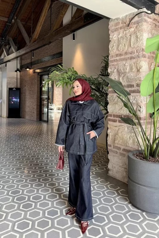 Kuşaklı Denim Takım 3-597