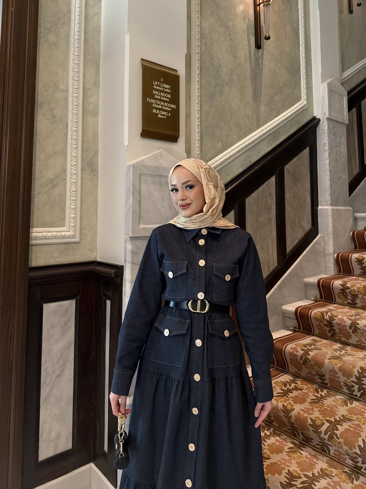 Kemerli Düğmeli Kot Elbise 3-3311