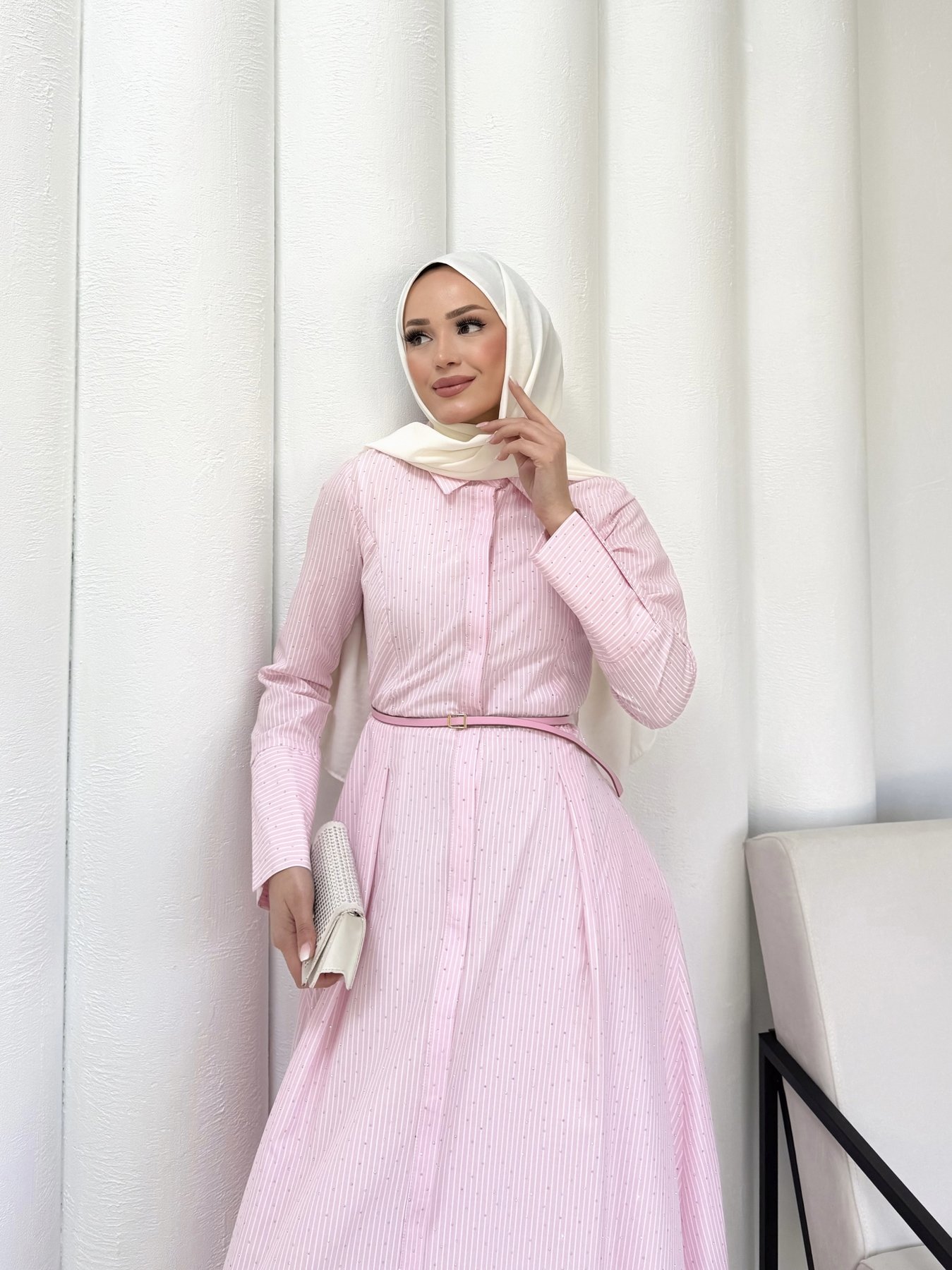 Çizgili Taşlı Kemerli Poplin Elbise 32-2341