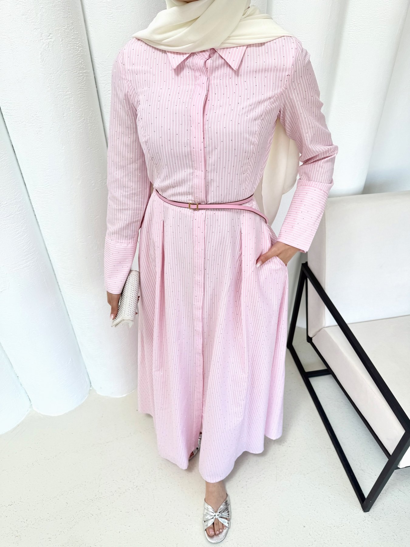 Çizgili Taşlı Kemerli Poplin Elbise 32-2341