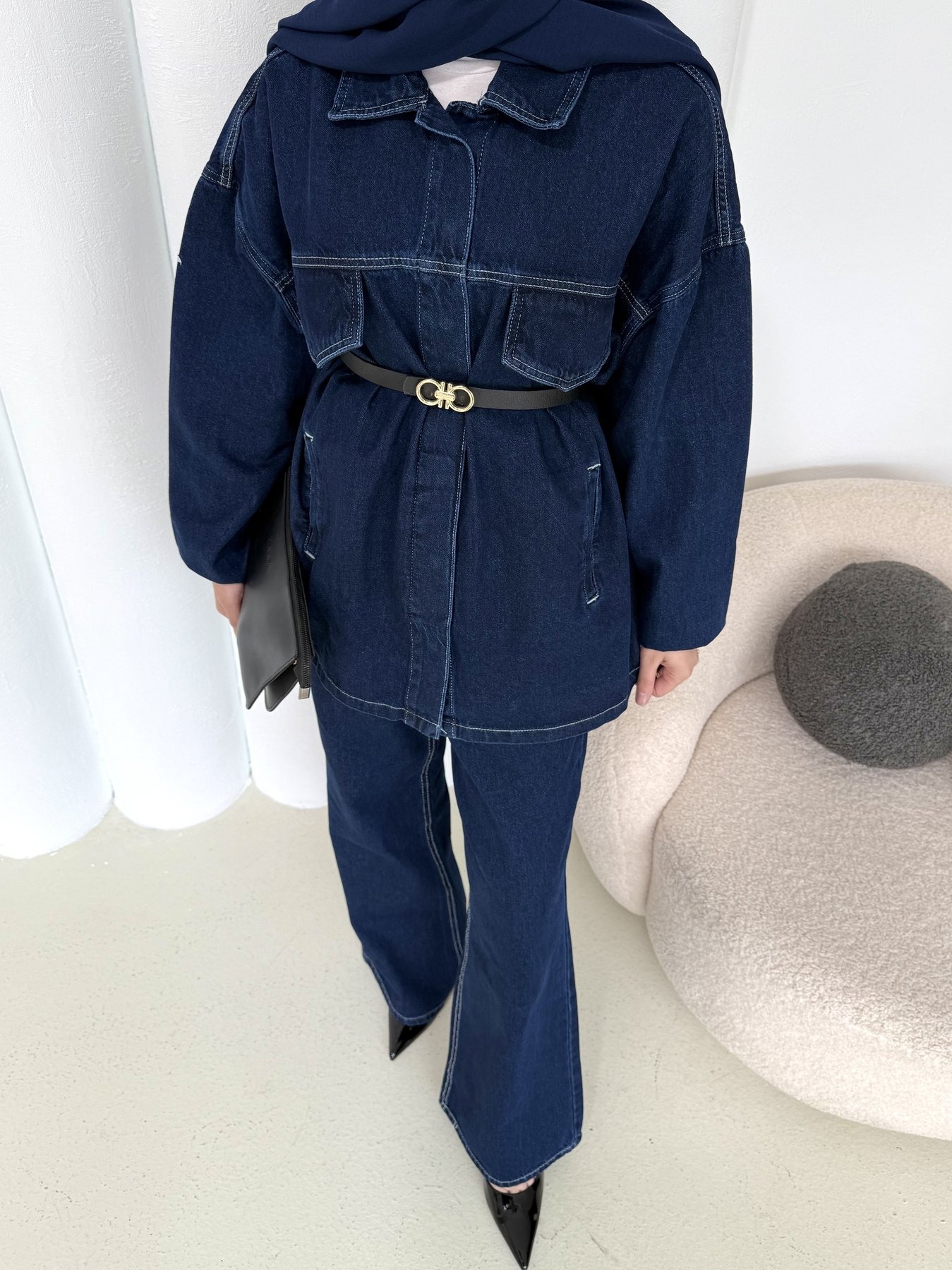 Kuşaklı Denim Takım 3-597