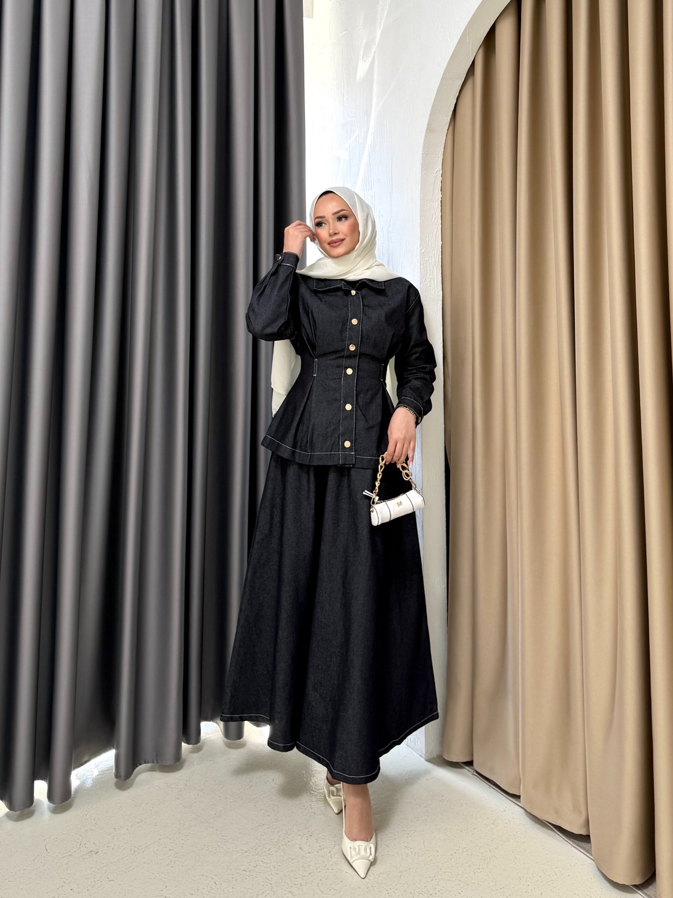 Çıtçıtlı Denim Etekli Takım 3-604