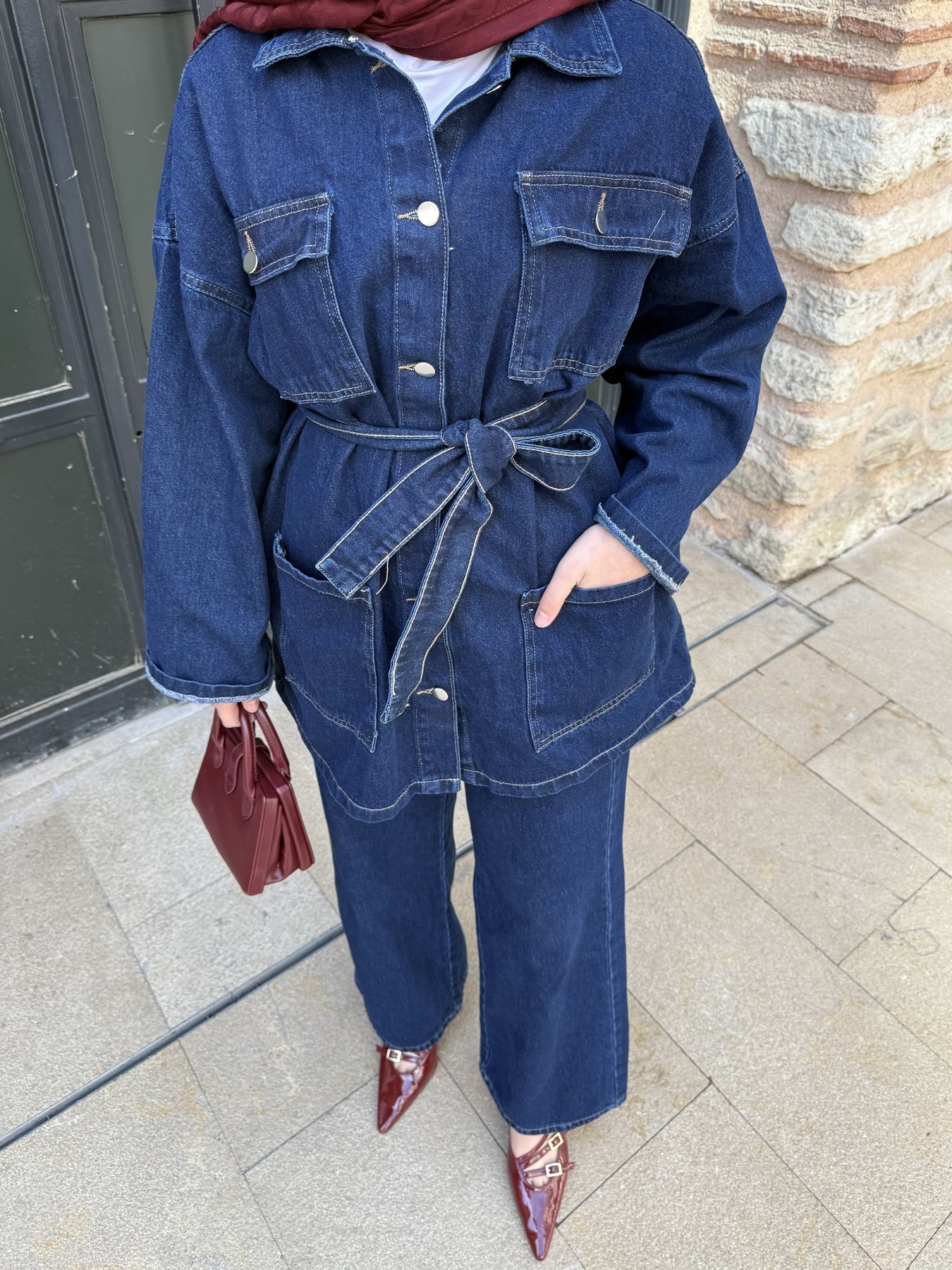 Kuşaklı Cepli Denim Takım 3-584