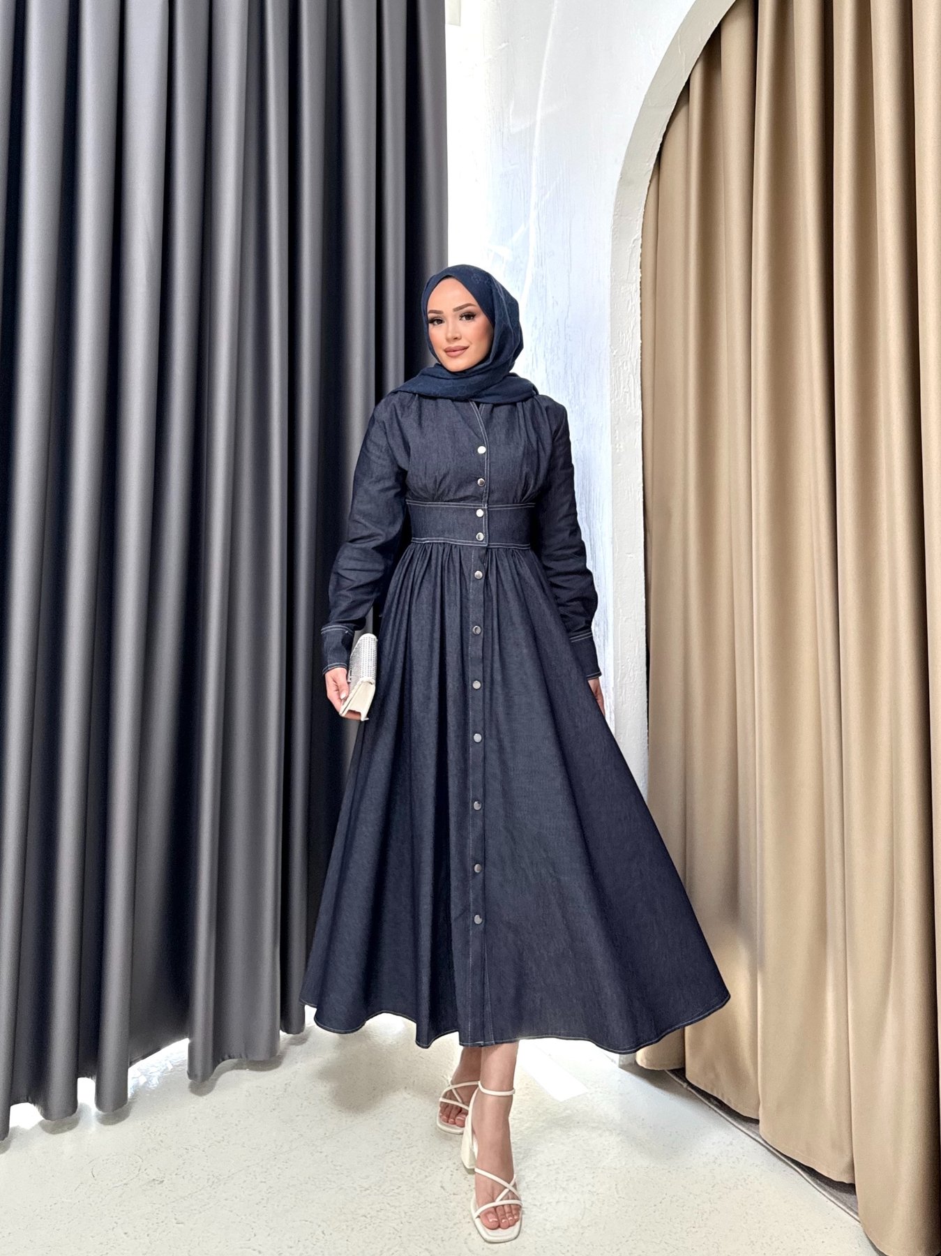 Çıtçıtlı Denim Elbise 3-3095