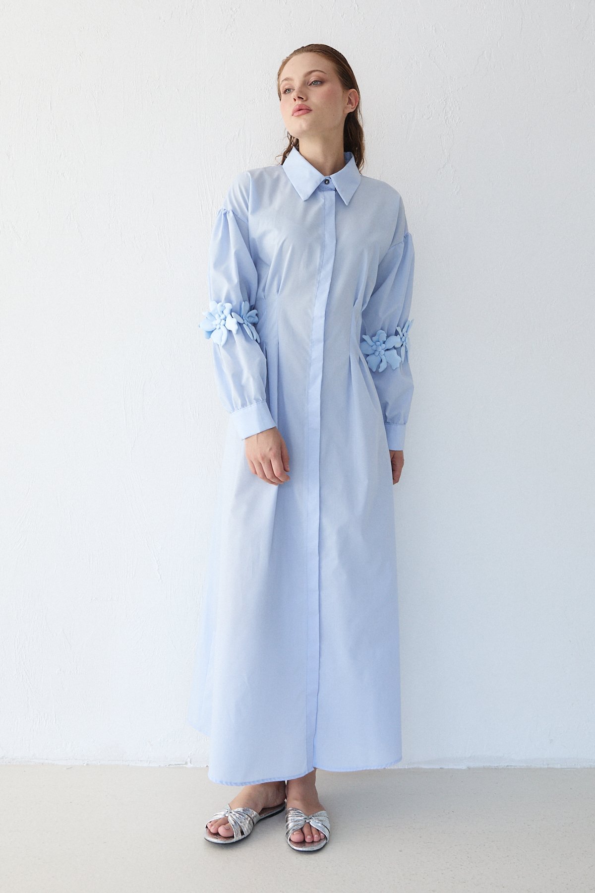 Çiçek Detaylı Poplin Elbise 32-2377