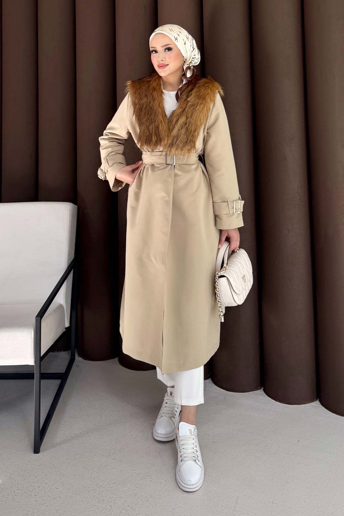 Kürklü Uzun Trençkot 32-3724