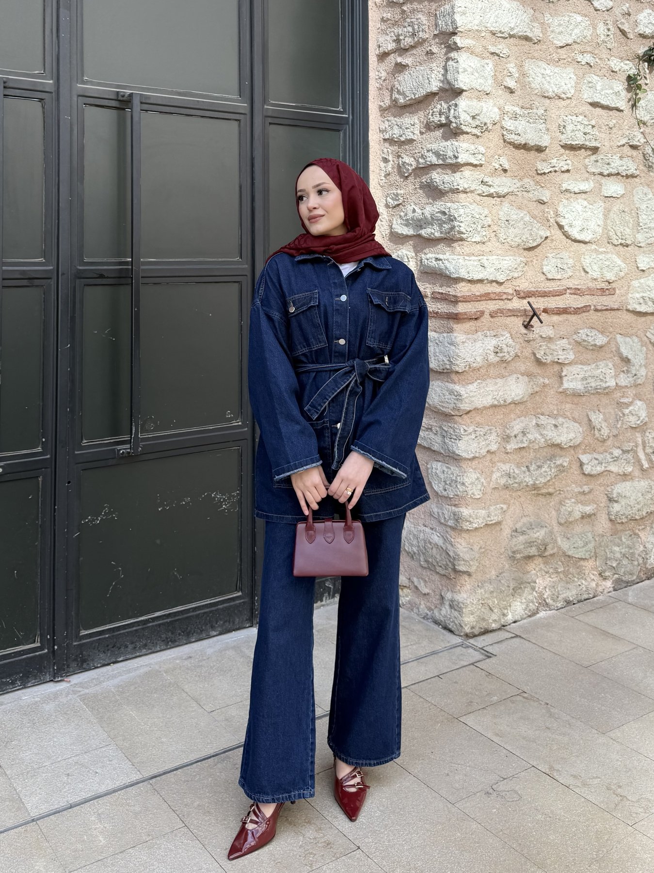Kuşaklı Cepli Denim Takım 3-584