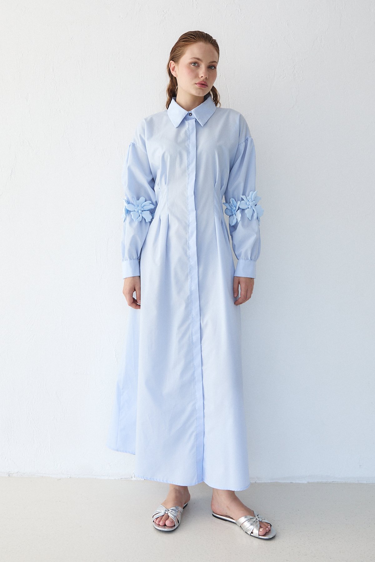 Çiçek Detaylı Poplin Elbise 32-2377