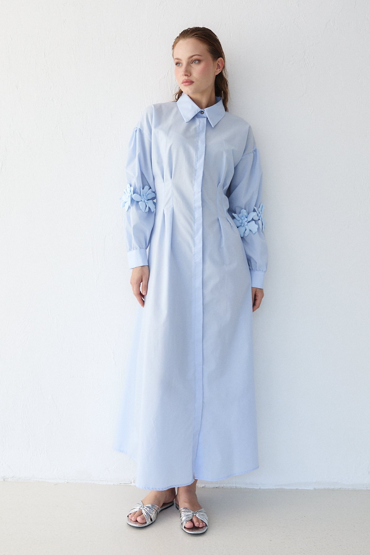 Çiçek Detaylı Poplin Elbise 32-2377
