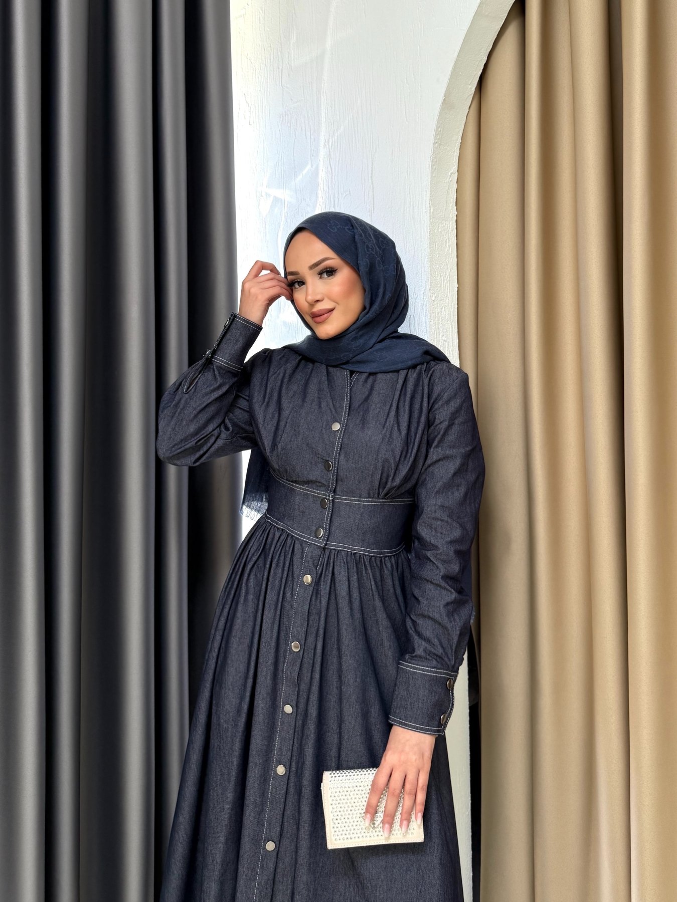 Çıtçıtlı Denim Elbise 3-3095
