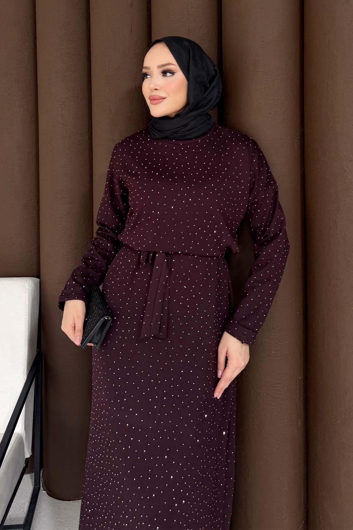 Taşlı Modal Elbise 68-6216