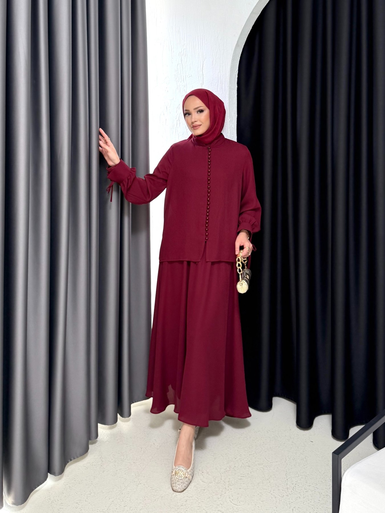 Düğme Detaylı Etekli Takım 32-2356