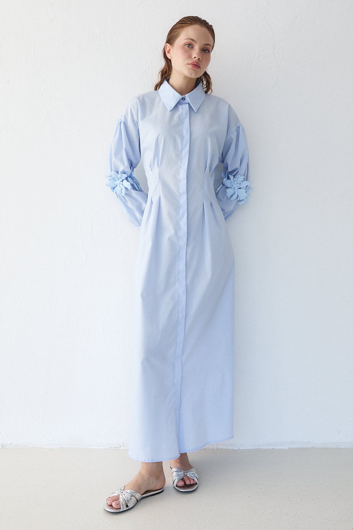 Çiçek Detaylı Poplin Elbise 32-2377