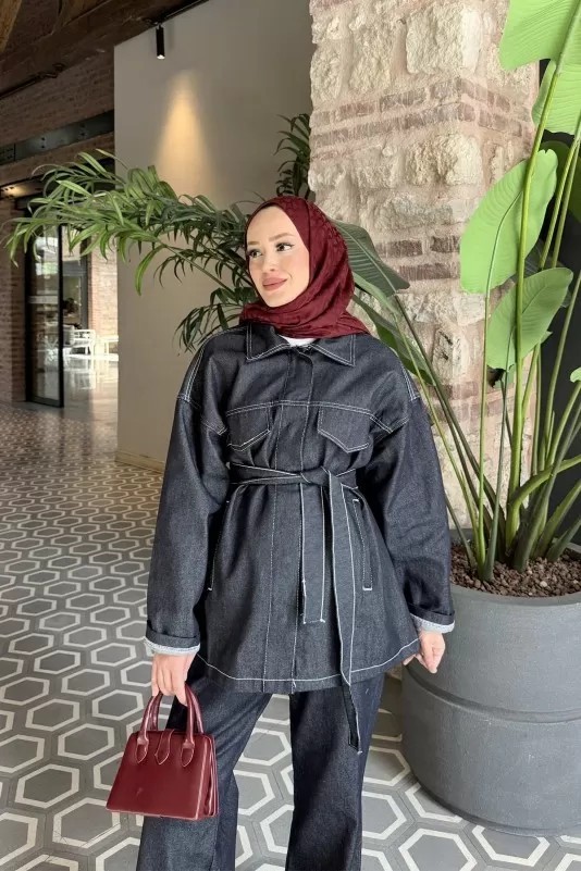 Kuşaklı Denim Takım 3-597