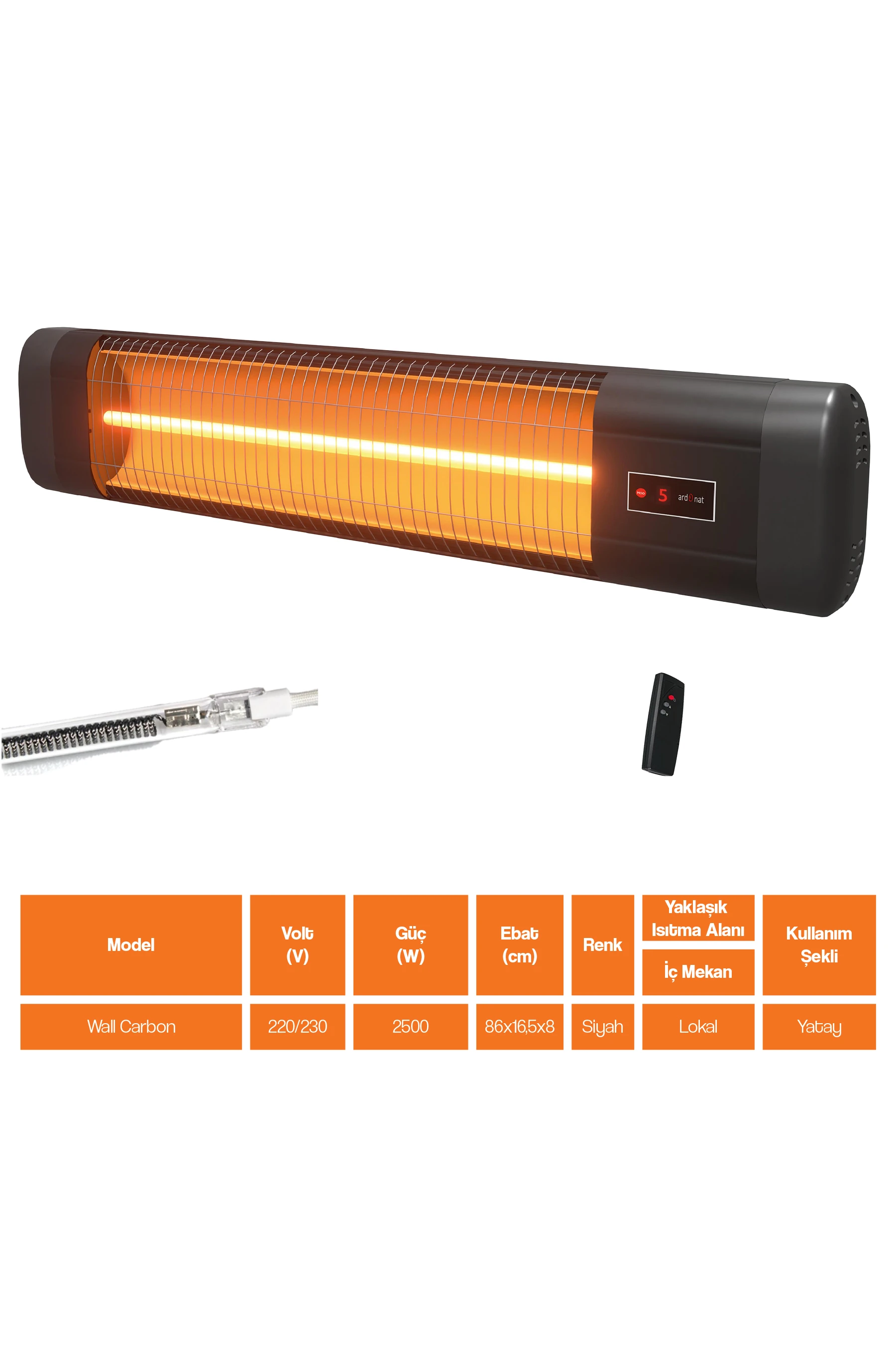 Wall Carbon 2500W Duvar Tipi Kumandalı İç Mekan Isıtıcısı