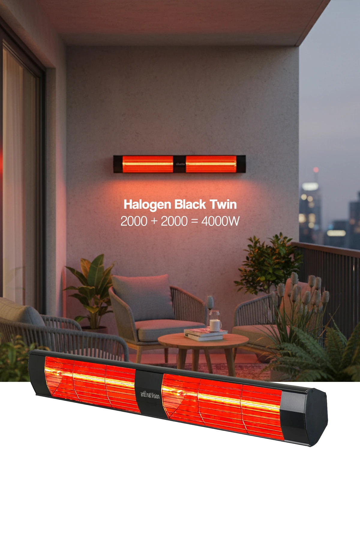 Halogen Black Twin Duvar Tipi Dış Mekan Isıtıcısı - 4000W