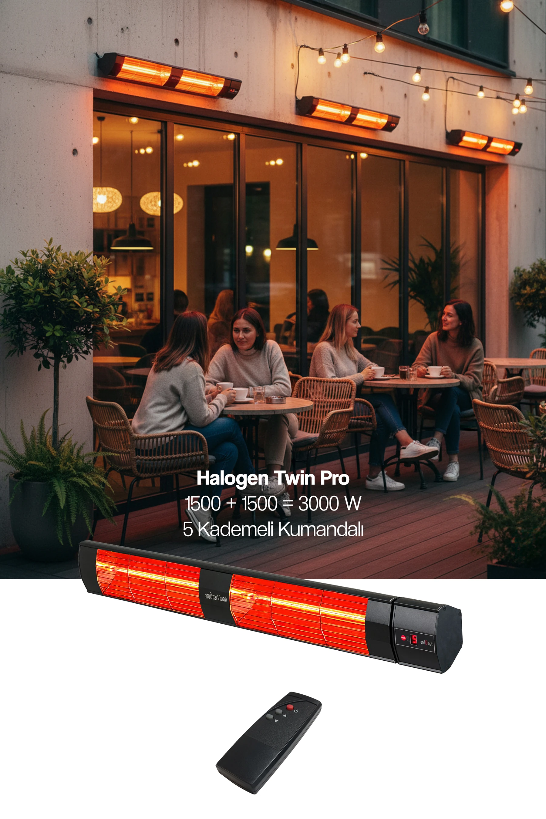 Halogen Black Twin Pro Kumandalı Duvar Tipi Dış Mekan Isıtıcısı - 3000W