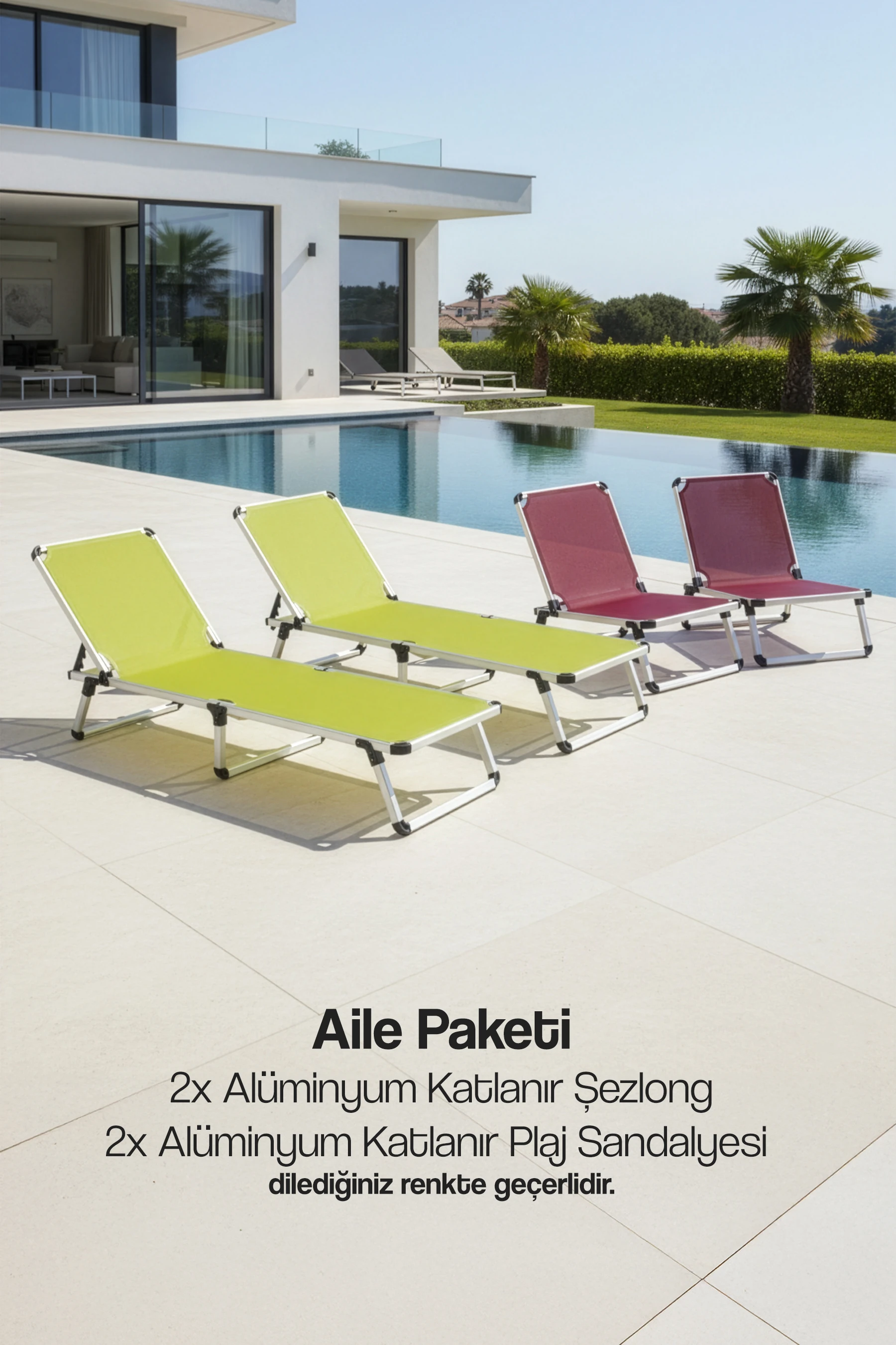 4'lü Alüminyum Katlanır Şezlong ve Plaj Sandalyesi Avantajlı Aile Paketi