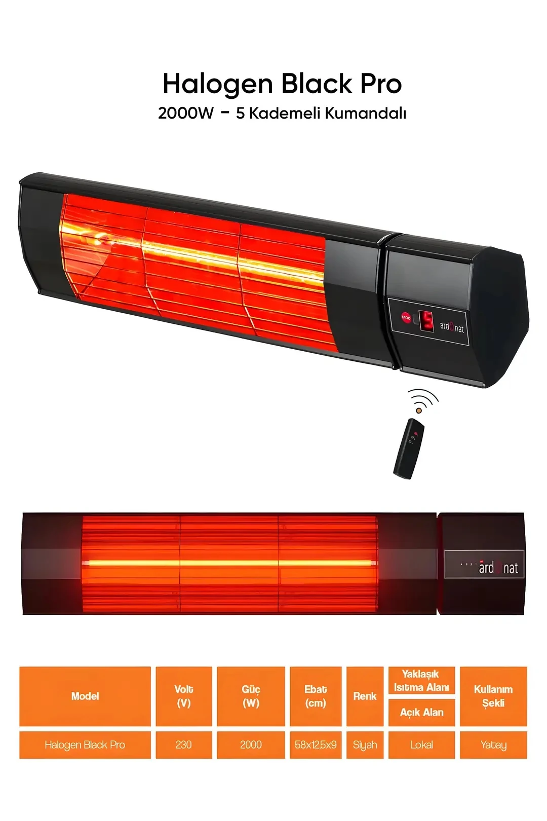 Halogen Black Pro 2000W Kumandalı Duvar Tipi Dış Mekan Isıtıcısı