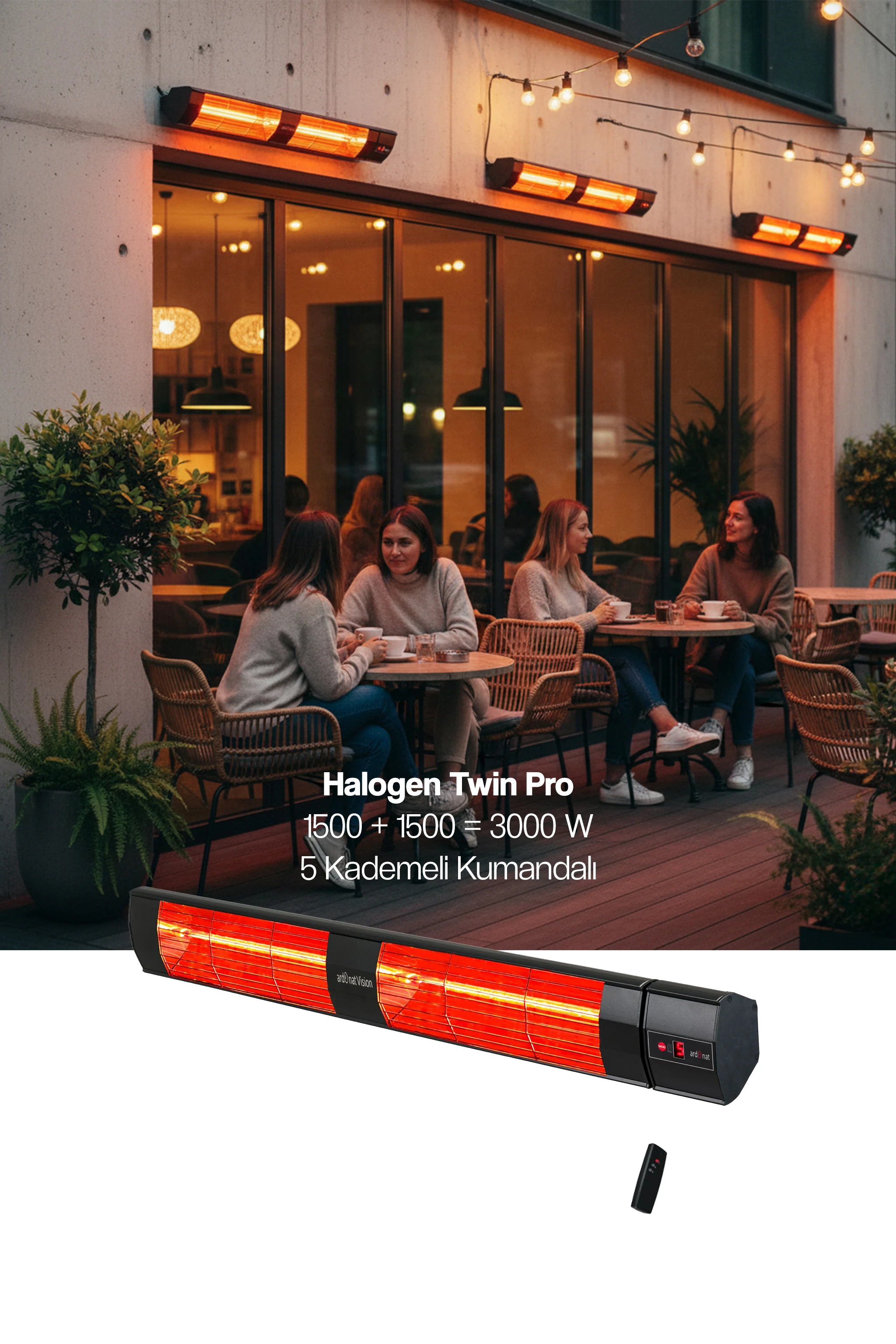 Halogen Black Twin Pro Kumandalı Duvar Tipi Dış Mekan Isıtıcısı - 3000W