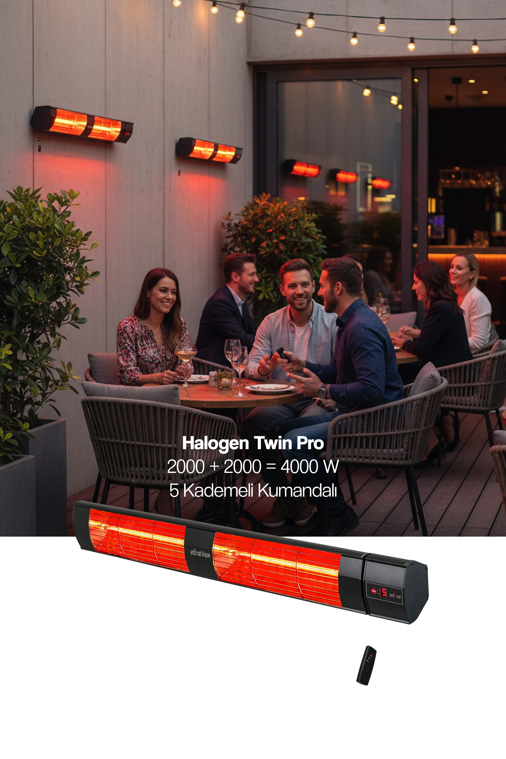 Halogen Black Twin Pro Kumandalı Duvar Tipi Dış Mekan Isıtıcısı - 4000W